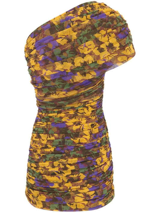 Saint Laurent Paris Ruched One-shoulder Dress In Floral Tulle