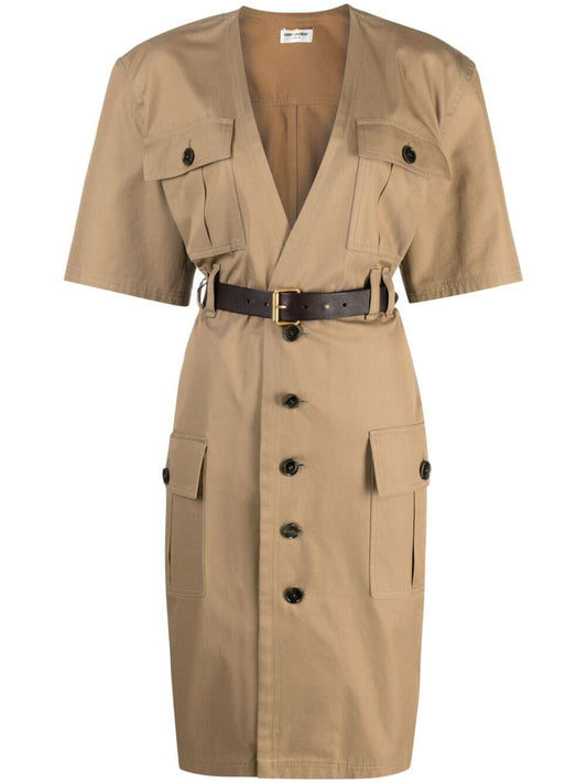 Saint Laurent Paris Belted Cotton Twill Dress