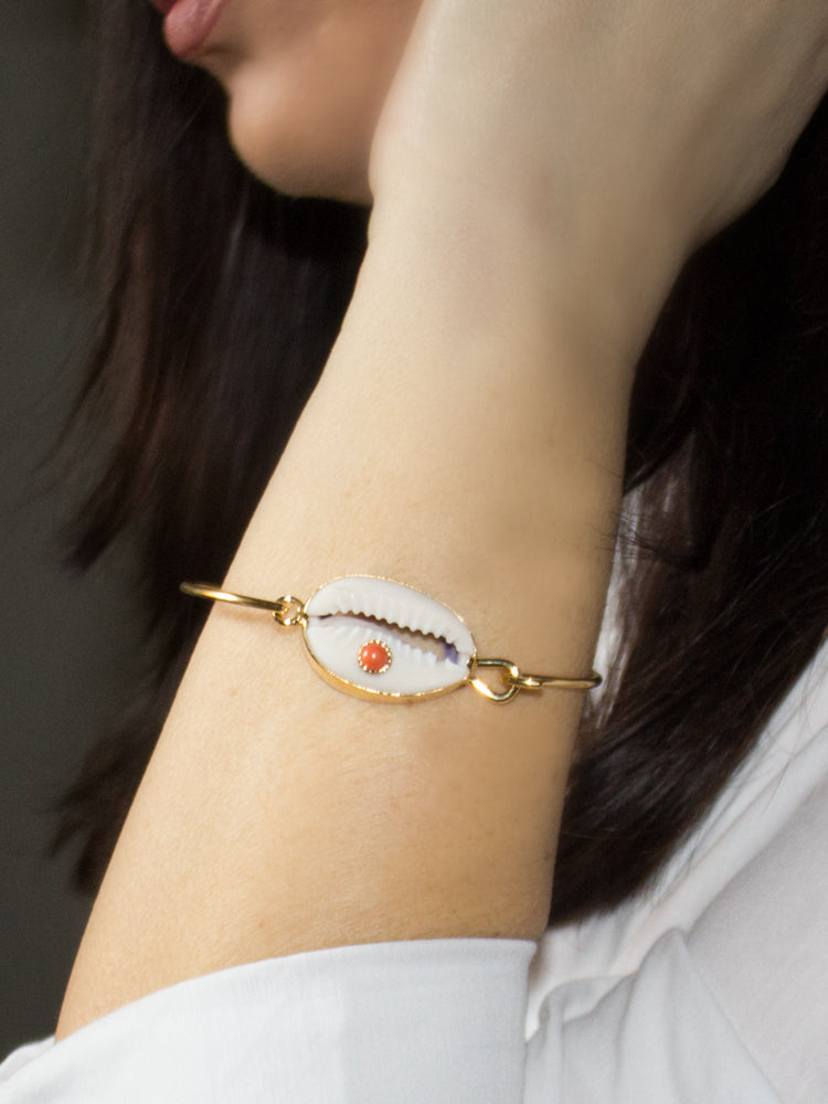 Coral & Cowrie Shell Cuff Bracelet